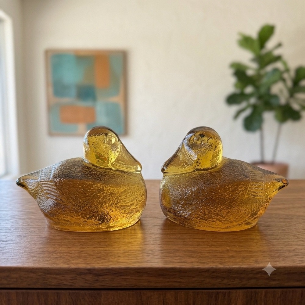 Blenko 822 Topaz Glass Duck Bookends Pair Mid‎ Century Handcrafted USA